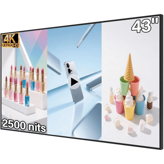 43 inch Wall Mount Digital Signage, 4K 2500nits High Brightness Advertising Display, Slim Fit Frameless Digital Kiosk, CMS/Plug & Play Auto Play, 7/24 Timer Switch, Smart Split Screen Play