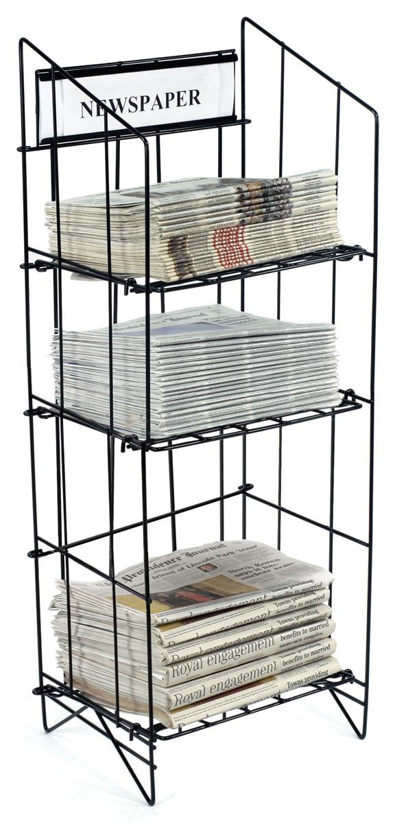 Black 43-Inch Tall Metal Wire Newspaper Display Rack with 3 Shelves