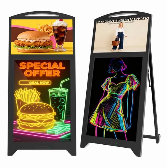 43'' portable digital signage with 21.5'' LCD Screen and 32'' LED Message Writing Board, Advertising Display Battery portable Digital Signage for Restaurant, Cafe, Retail and Bar