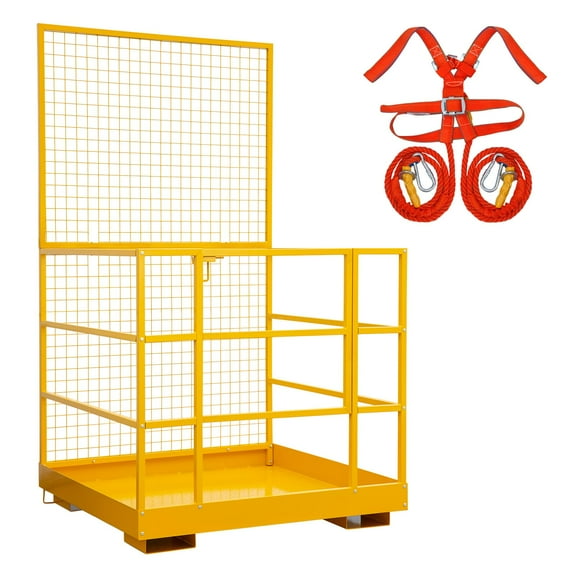 43" x 45" Forklift Safety Cage, 1400 LBS Yellow Capacity Forklift Work Platform with Safety Harness, Collapsible Lift Basket Aerial Platform for Lifting Loader
