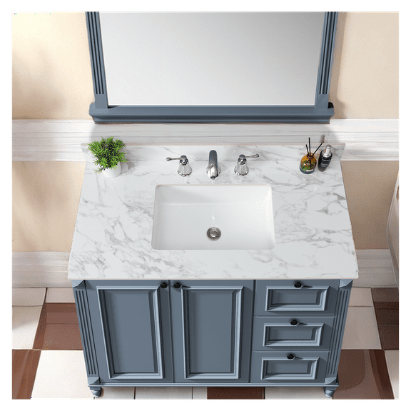 43"x22"Bathroom Vanity Top,sintered stone carra white Barthroom Vanity Sink Tops with Rectangular Undermount Ceramic Sink with Vanity Backsplash, Three Hole Bathroom Vanity Countertop