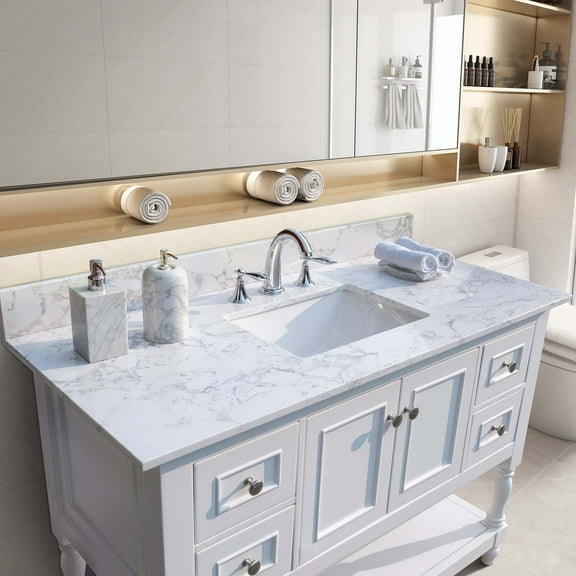 43x22" bathroom stone vanity top engineered stone carrara white marble color with rectangle undermount ceramic sink and faucet hole with back splash