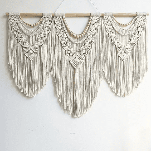43"x32" Beige Macrame Wall Hanging, Handmade Boho Woven Tapestry Wall Decor for Bedroom Wedding
