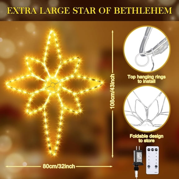 43"x32" Extra Large Christmas Bethlehem Star Shaped Lights Outdoor Window 125 LED Christmas Star Plug Operated Lights Nativity Holy with Timer and 8 Functions for Xmas Holiday Party Decor