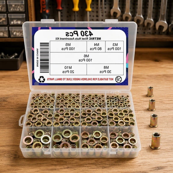 430 Metric Rivet Nut Kit, M3-M10 Threaded Inserts for Metal, Zinc-Plated Carbon Steel Rivnuts, 6 Sizes with Storage Case