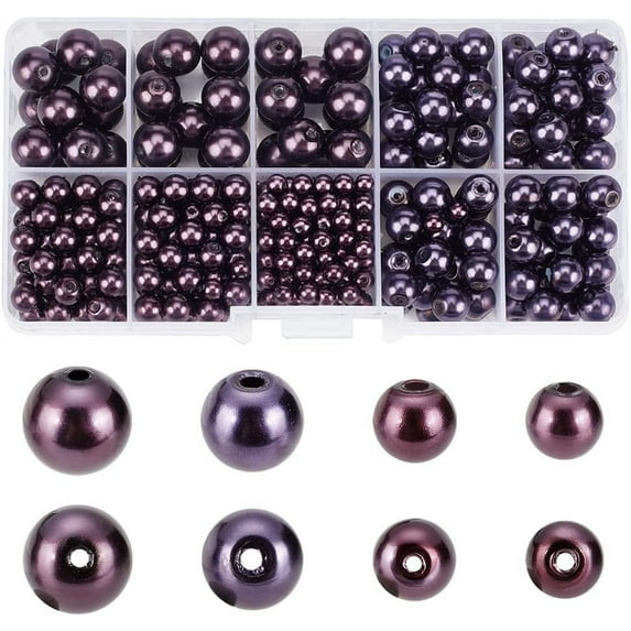 430 Pcs Tiny Satin Luster Glass Pearl Bead Round Loose Spacer Beads 4mm 6mm 8mm 10mm for Jewelry Making Purple
