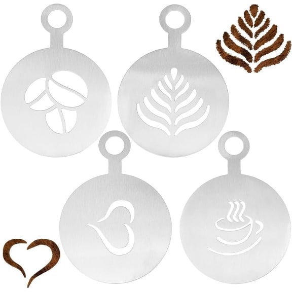 430 Stainless Steel Coffee Latte Art Molds Coffee Stencils Flat Round with Coffee Bean/Leaf/Heart/Cup Pattern Golden 121x86x0.6mm for Handmade