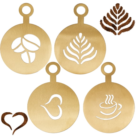 430 Stainless Steel Coffee Latte Art Molds Coffee Stencils Flat Round with Coffee Bean/Leaf/Heart/Cup Pattern Golden 121x86x0.6mm