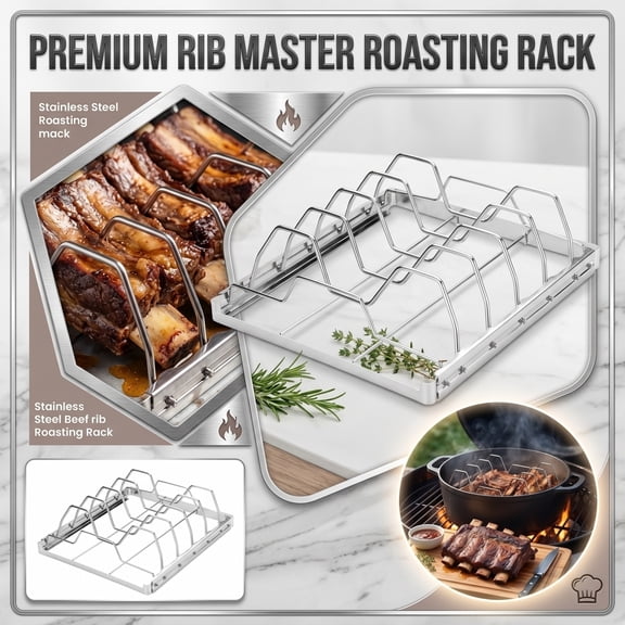 430 Stainless Steel Rib Roasting Rack for BBQ, Multi Slot Beef Rib Holder for BBQ Grill Outdoor Cooking