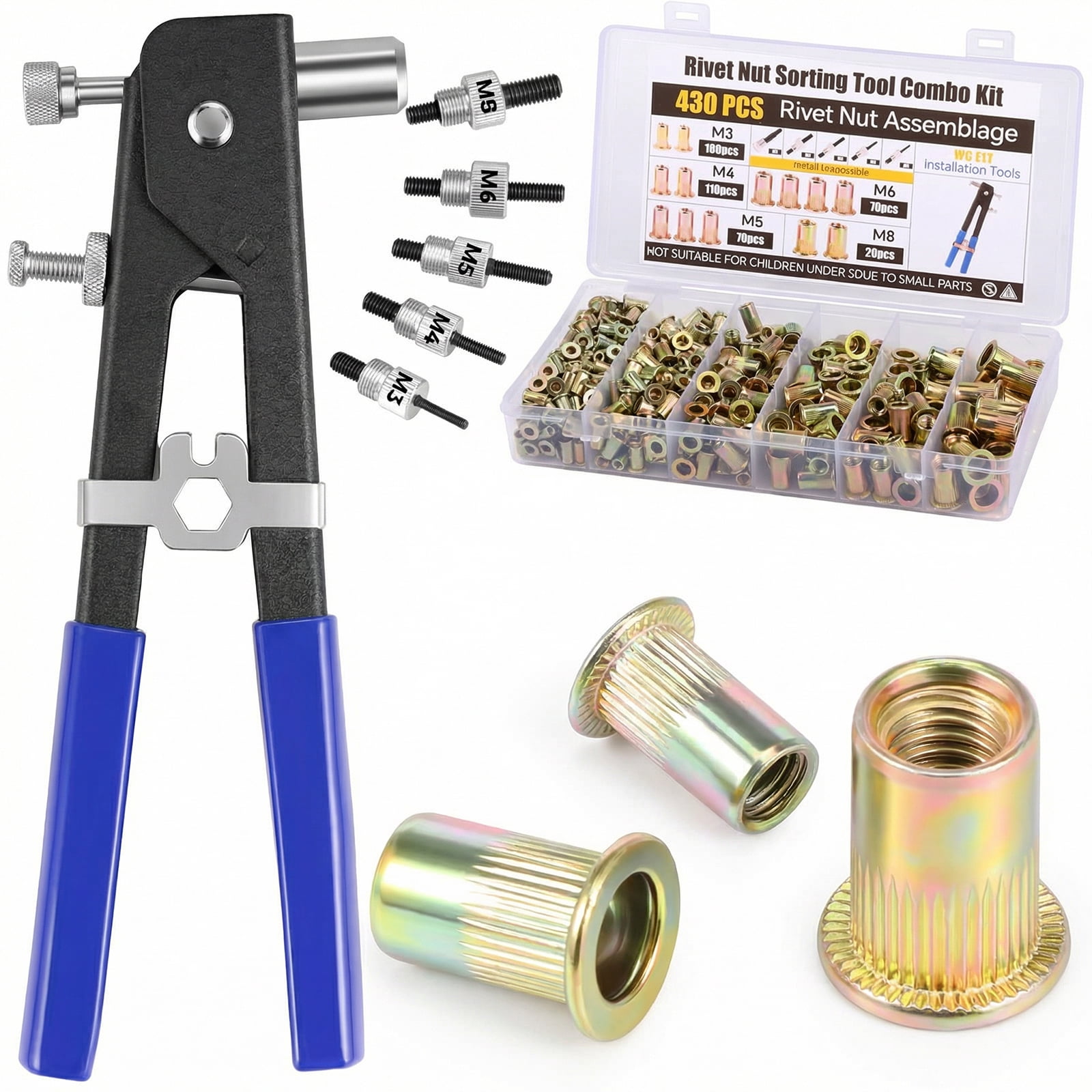 430Pcs Rivet Nut Tool Kit M3 M4 M5 M6 M8 Alloy Steel Rivnut Set for Automotive Aviation and Construction Application