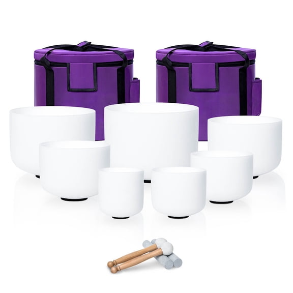 432Hz Crystal Singing Bowl Set of 7 White 6-12 inch with Carrying Case