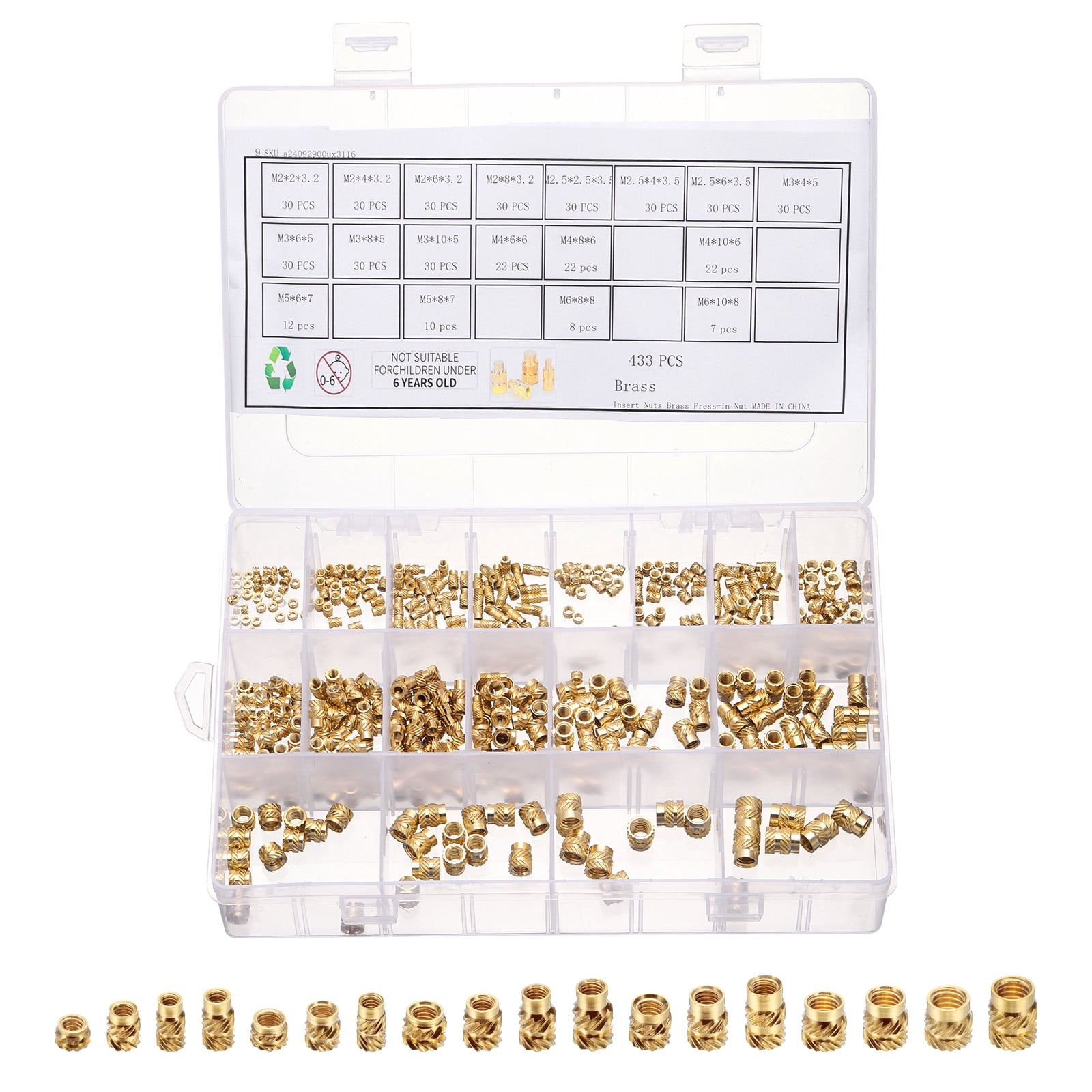 433Pack M2 M2.5 M3 M4 M5 M6 Metric Threaded Inserts Brass Heat Set Insert Knurled Nuts Assortment Kit, 3D Printing Brass Nuts Female Threaded Inserts Nuts