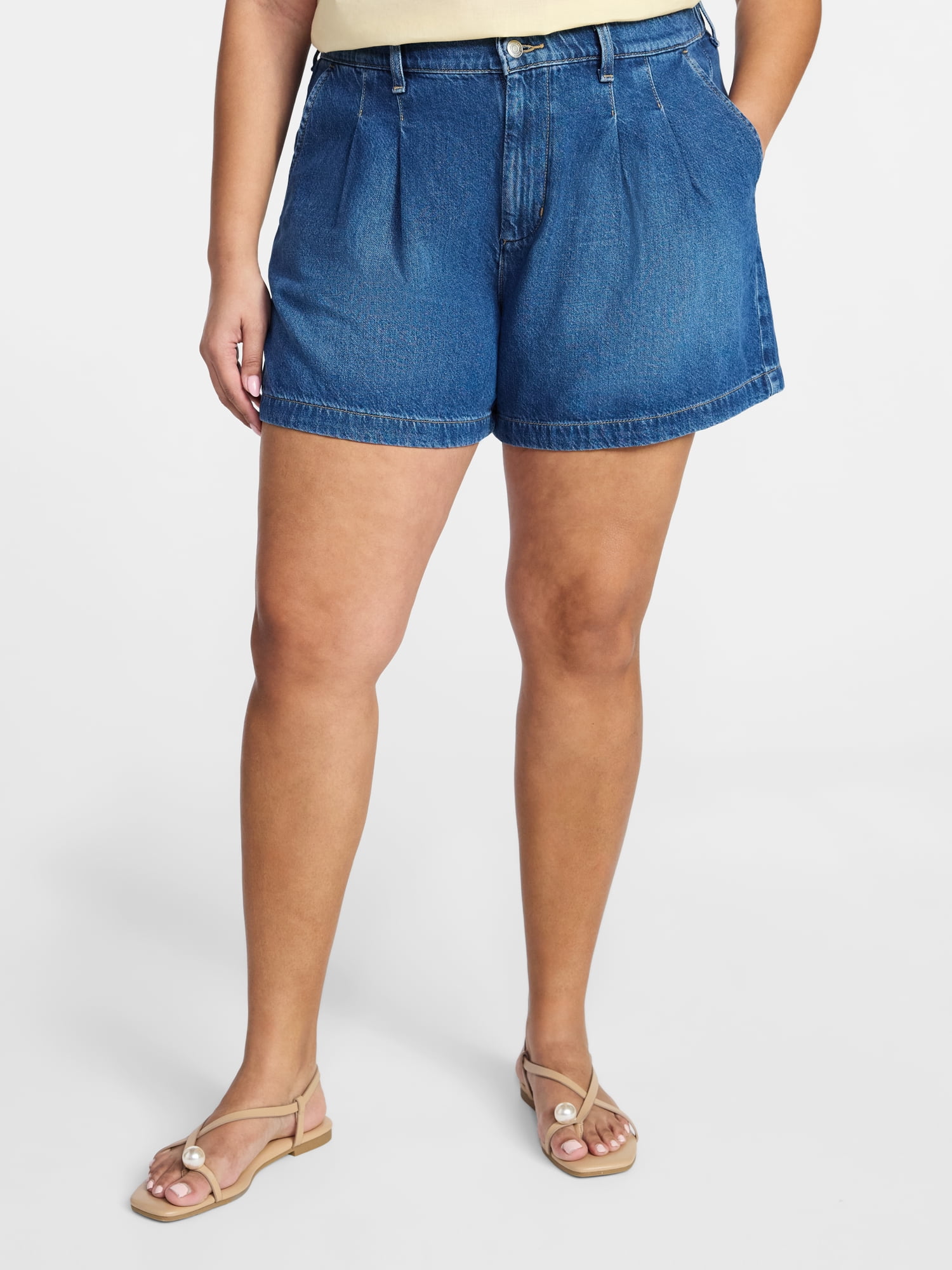 【Size4＝L相当】nonnotte Draping Wide Shorts Terra & Sky Women's Plus Size Drapey Denim Shorts, Sizes 16W-26W