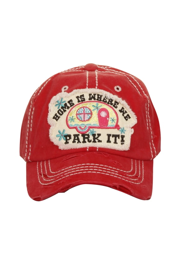 Men's Distressed Cotton Front Embroidered Message Hat Cap Red