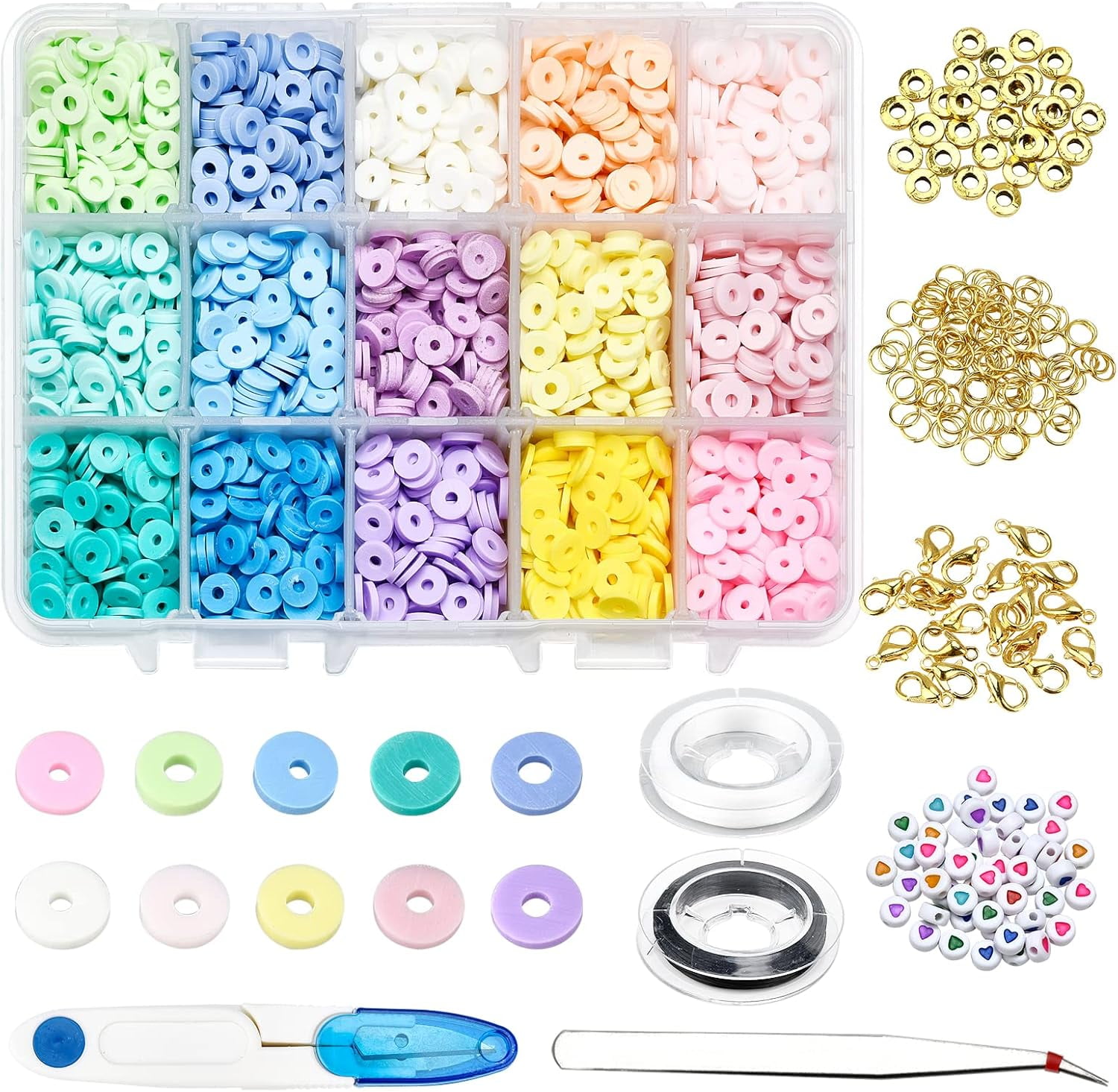 4350 Pcs Polymer Clay Bracelets Kit 15 Colors 6mm Clay Beads 30 Pcs Metal Spacer 50 Pcs Heart Beads 2 Rolls Elastic Thread 20 Pcs Clasps 50 Pcs Jump Rings 2 Pcs Tools for Jewelry Making Multi-color