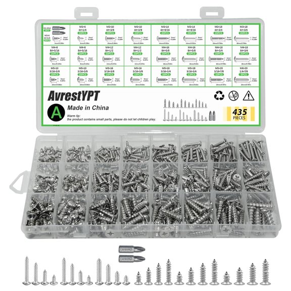 435Pcs 304 Stainless Steel Self Tapping Screws Assortment Set, M3/M4/M5/M6 Flat Head & Round Head Self Tapping Screws Assortment Set, Phillips Drive Wood Screw Assortment Kit