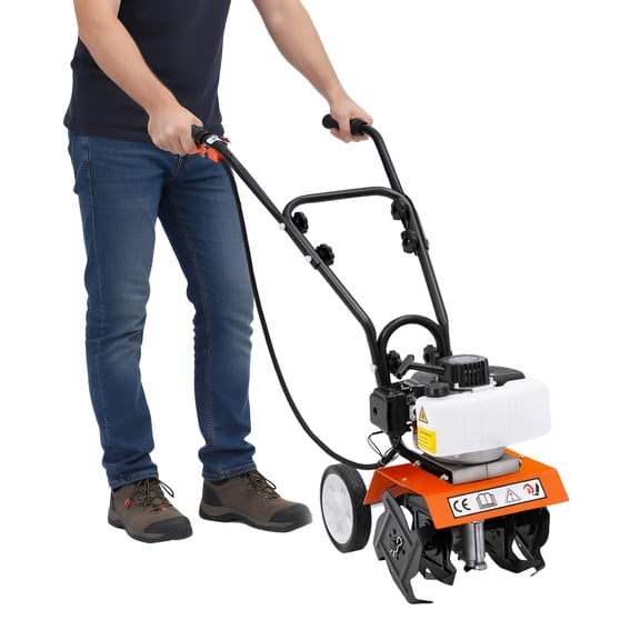 43CC 2-Stroke Gas Powered Hand Rotary Cultivator Rototiller 1.25KW Garden Farmyard Tiller Cultivator with Adjustable Wheels for Ploughing Furrowing Tilling