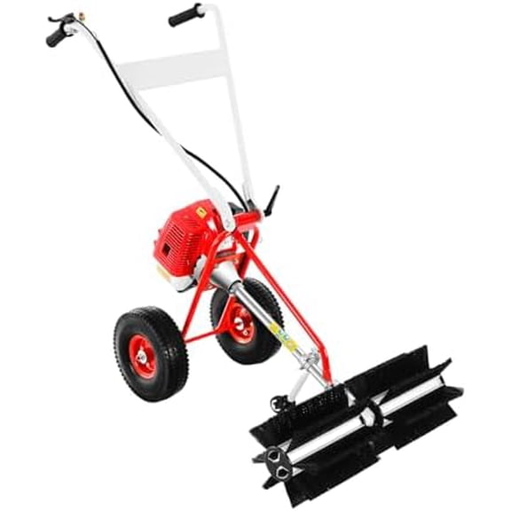 43CC 2-Stroke Gas Push Lawn Sweeper Broom, 1.7HP Gas Walk Behind Push Lawn Sweeper Handheld Walk Behind Snow Sweeper Broom Portable Driveway Turf Grass Cleaning Tool for Garden Yard Sidewalk