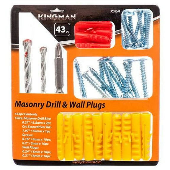 43CT MASONRY DRILL BITS SCREWDRIVER BIT & WALL PLUGS SCREWS FAST MOUNTING KIT