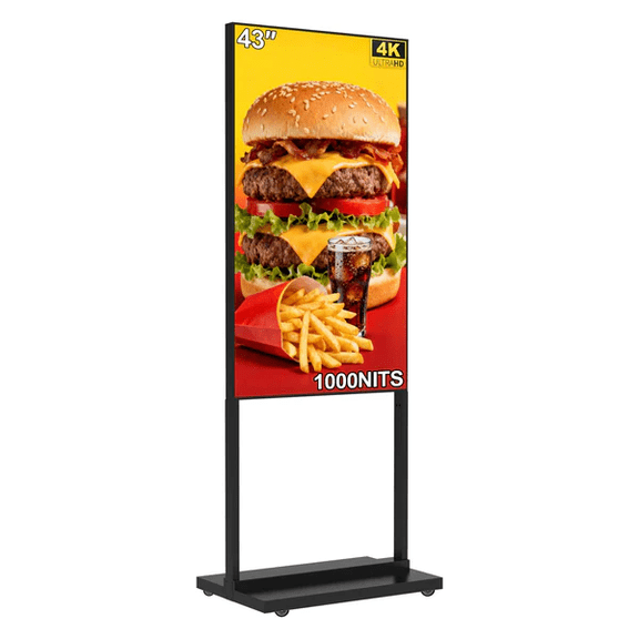 43Inch 4K Inch Floor Standing Digital Signage, 1000nits High Brightness Advertising Display, Digital Signage with CMS/U-Disk Plug&Play, Split Screen, 7/24 Timer switch,HDMI/USB/WiFi/Android OS