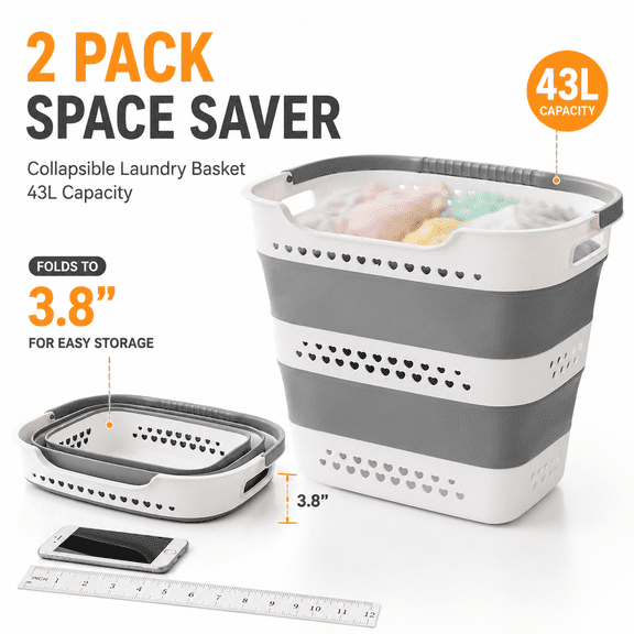 43L+43L Collapsible Laundry Baskets, Plastic, Pop Up Laundry Hamper/Storage Container, Foldable Laundry Basket with Handles, Durable, Space Saver (Grey, 2 Packs)