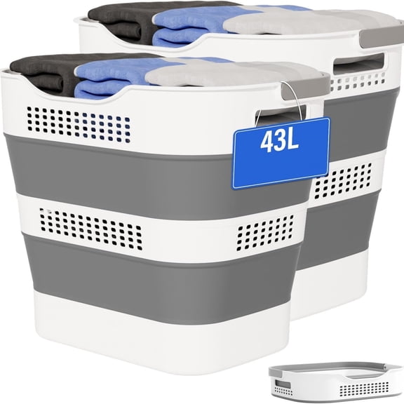 43L+43L Collapsible Laundry Baskets plastic, Pop Up Laundry hamper/Storage Container, Foldable Laundry Basket with Handles, Durable,Space Saver (Grey, 2 Packs)