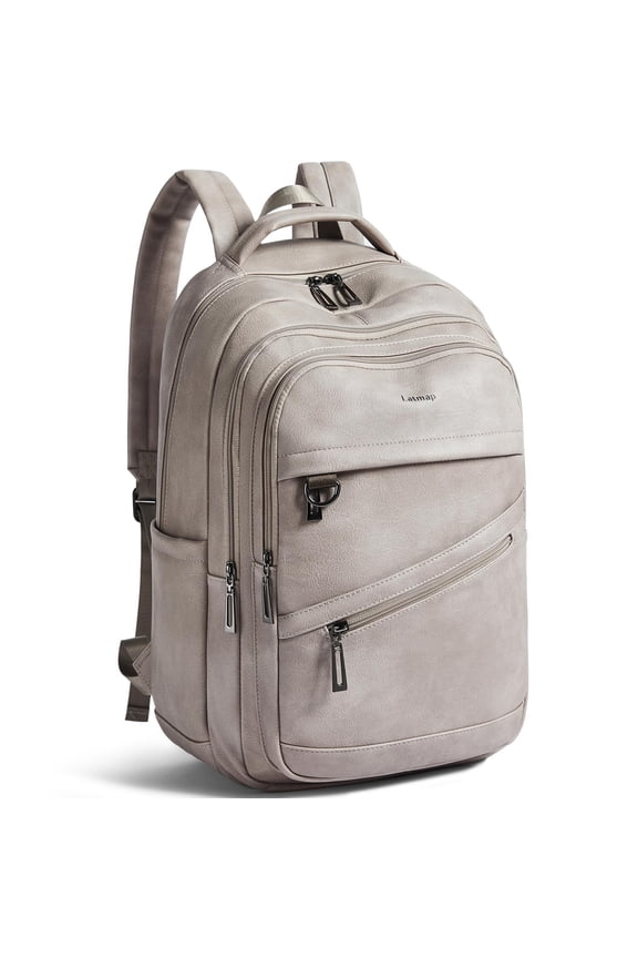 43L Vegan Leather Backpack for Women & Men, Travel Carry On Backpack, College Bookbag, Work Laptop Backpack fits 17 inch Laptop，Ash Gray Retro