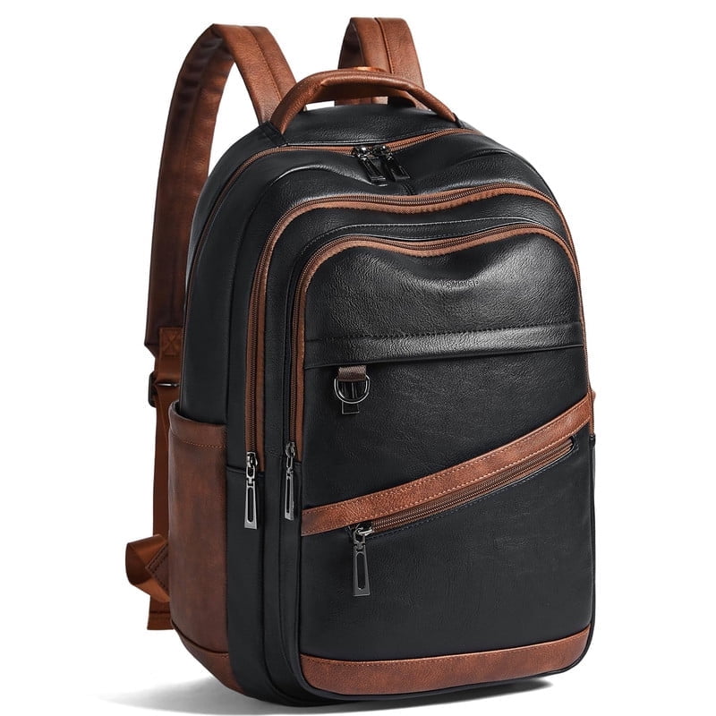 43L Vegan Leather Backpack for Women & Men, Travel Carry On Backpack, College Bookbag, Work Laptop Backpack fits 17 inch Laptop，Black&Brown