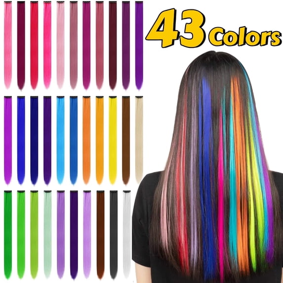 43PCS Colored Clip in Hair Extensions, 22 Inch Rainbow Long Straight Hairpieces Synthetic, Colored Hair Extensions Party Highlights Hairpiece for Women Girls, 43 Colors