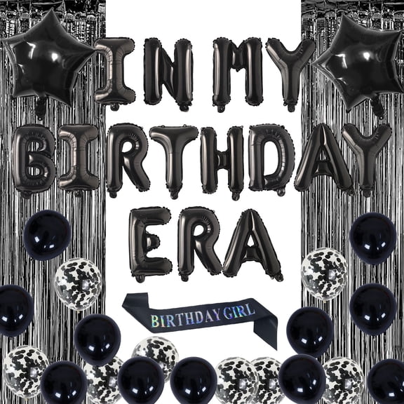 43PCS In My Birthday Era Black Theme Birthday Decorations, Black Foil Balloon Birthday Party with Star and Letter Foil Balloon Birthday Shoulder Strap for Baby Shower Wedding Shower Party Supplies