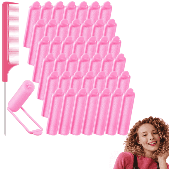 43Pcs 0.59" Foam Hair Rollers for Sleeping, No Heat Overnight Sponge Curlers Set with Rat Tail Comb for Voluminous Styling (Pink)
