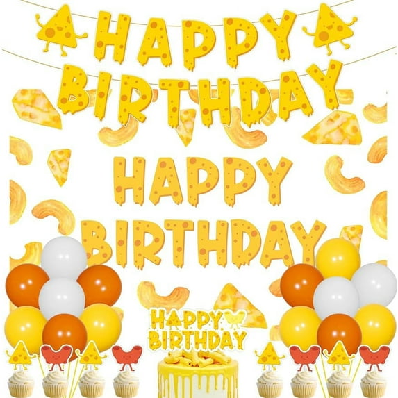 43Pcs Cheese Themed Birthday Party Decorations Sweet Cheesy Happy Birthday Banner Macaroni and Cheese Backdrop Cupcake Toppers for Kids Dairy Mac and Cheese Theme Pasta Pizza Birthday Party Supplies
