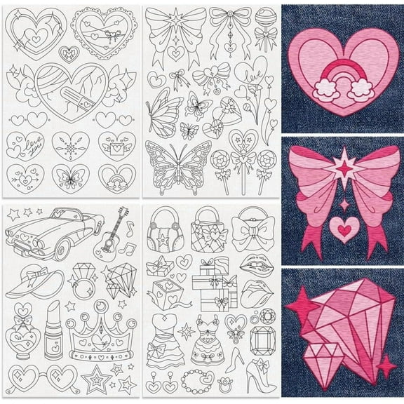 43Pcs Cute Women Style Embroidery Pattern Stabilizer 8.3" x11.7" Heart Bag Water Soluble Stick and Stitch Embroidery Sticker 4 Sheets Skirt Car Hand Sewing DIY Embroidery Paper White DIY