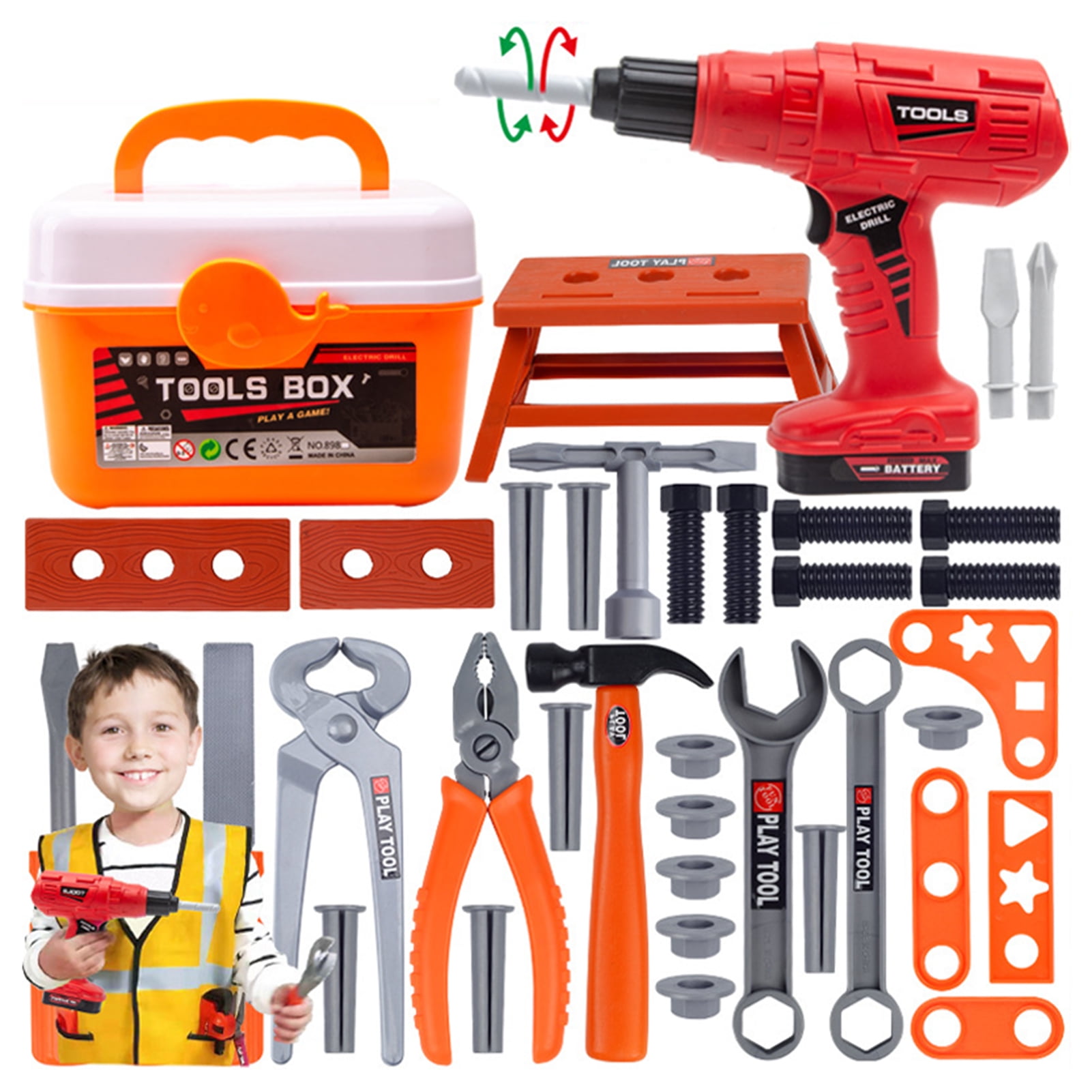 43Pcs Kids Electric Tool Box Set Boys Simulation Chainsaw Screwdriver