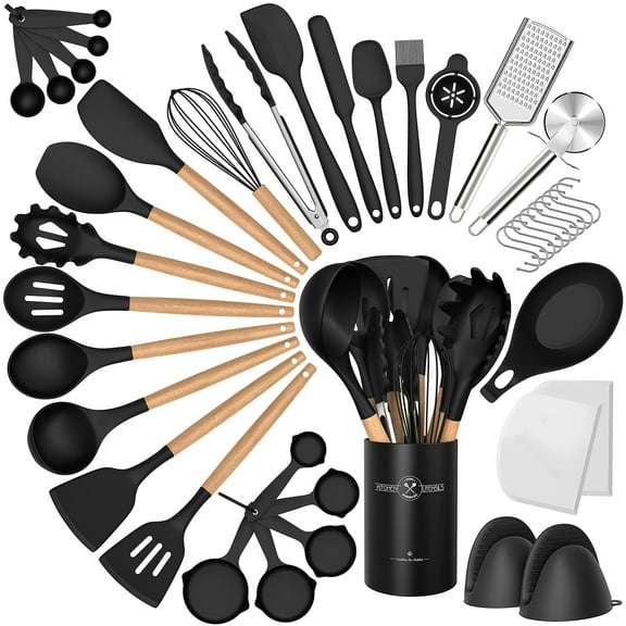 43Pcs Silicone Cooking Utensils Set - 446°F Heat Resistant Non-Stick Kitchen Utensils, Kitchen Utensil Gadgets Tools Set  for Baking, Cooking, and Mixing, Dishwasher Safe (BPA Free)(Black)
