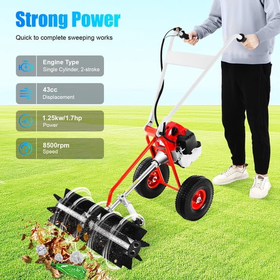 43cc Gas Powered Lawn Yard Sweeper, 23.62" Rolling Brush for Leaves & Dirt, Hand Push Sweeper with Tool Kit & Goggles for Driveway, Lawn, Sidewalk
