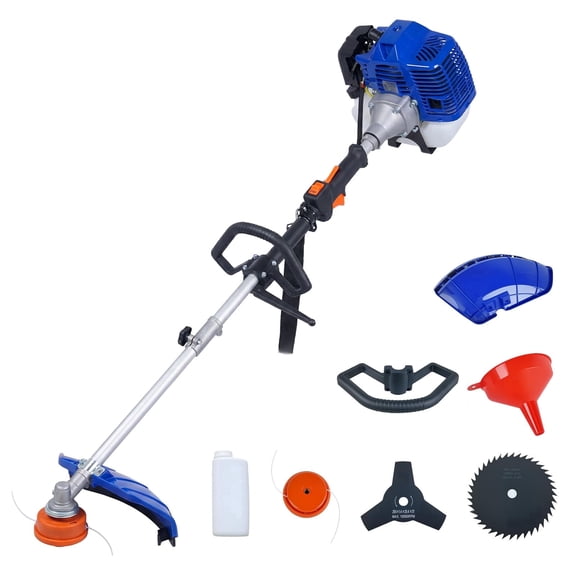 43cc Gas Powered Weed Wacker, 3 in 1 Gas Weed Eater with String Trimmer, 3 Teeth Brush Cutter & 40 Teeth Brush Blade, Shoulder Strap and Anti-Vibration Handle for 17" Cutting Path Lawn Care- Blue