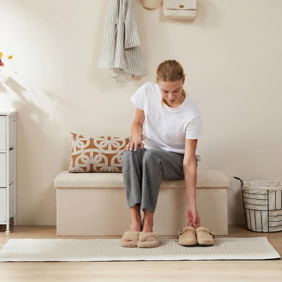 43in Foldable Storage Ottoman Bench, Storage Chest, Large End of Bed Foot Rest Stool with Padded Seat, Bedroom Bench for Living Room, Support 660lbs, Beige