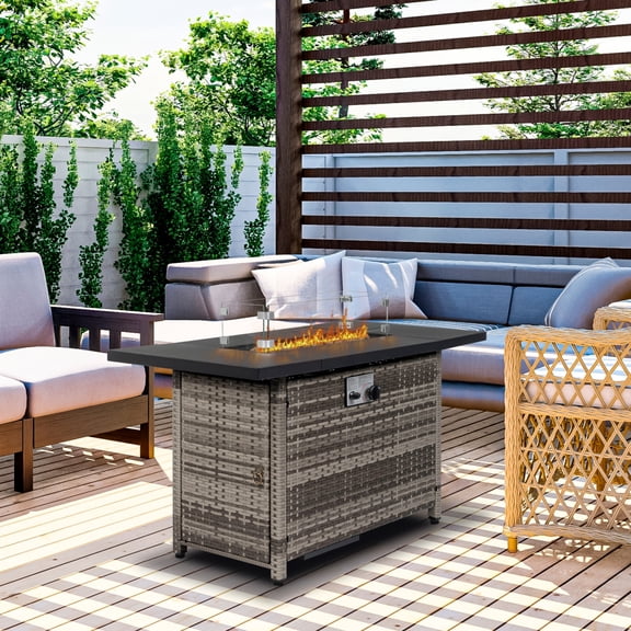 43in Gas Fire Pit Table, 50000 BTU Outdoor Wicker Propane Firepit with Protective Glass, Gas Firepit with Volcanic Stone, Gas Fire Pits for Outside Deck Garden Backyard
