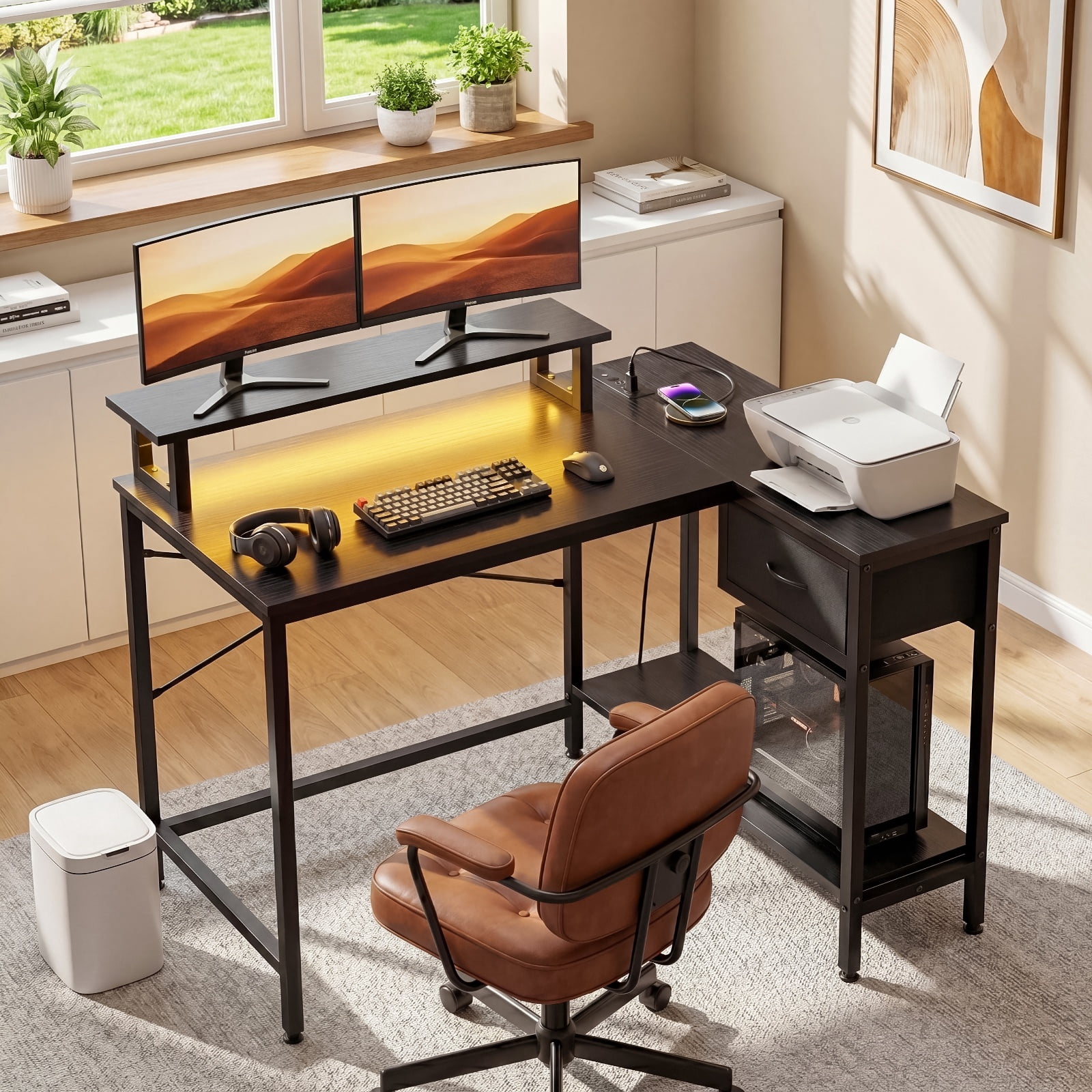 43in L Shaped Gaming Desk with Power Outlets and LED Lights, Corner Computer Desk with Charging Port (Black)