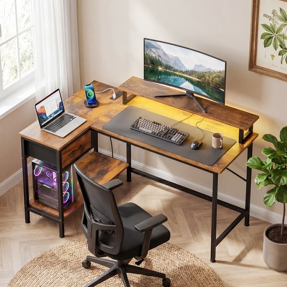 43in L Shaped Gaming Desk with Power Outlets and LED Lights, Corner Computer Desk with Charging Port (Rustic Brown)