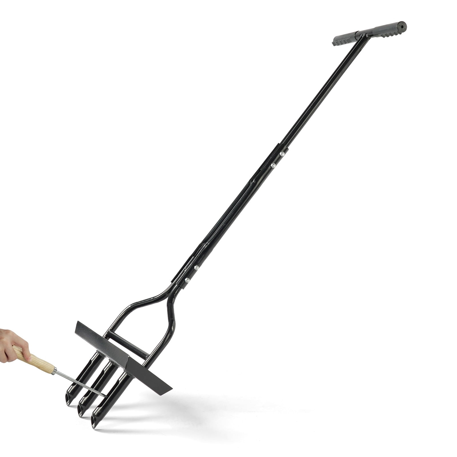 43in Lawn Aerator Garden Tool, Soil Core Tray, Manual Grass Plug Aerator, 3 Tines Coring Aeration Tool, Cleaning Tool, Lawn Yard Gardening Soil Compaction Care, 1 Pack, Black