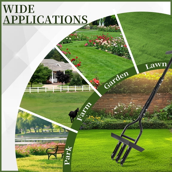 43in Manual Lawn Aerator Garden Coring Tool with Soil Core Tray 3Sharp Steel Tine Cleaning Tool Rust Resistant Steel Frame for Soil Compaction Lawn Care Yard Maintenance Grass Plug Aeration