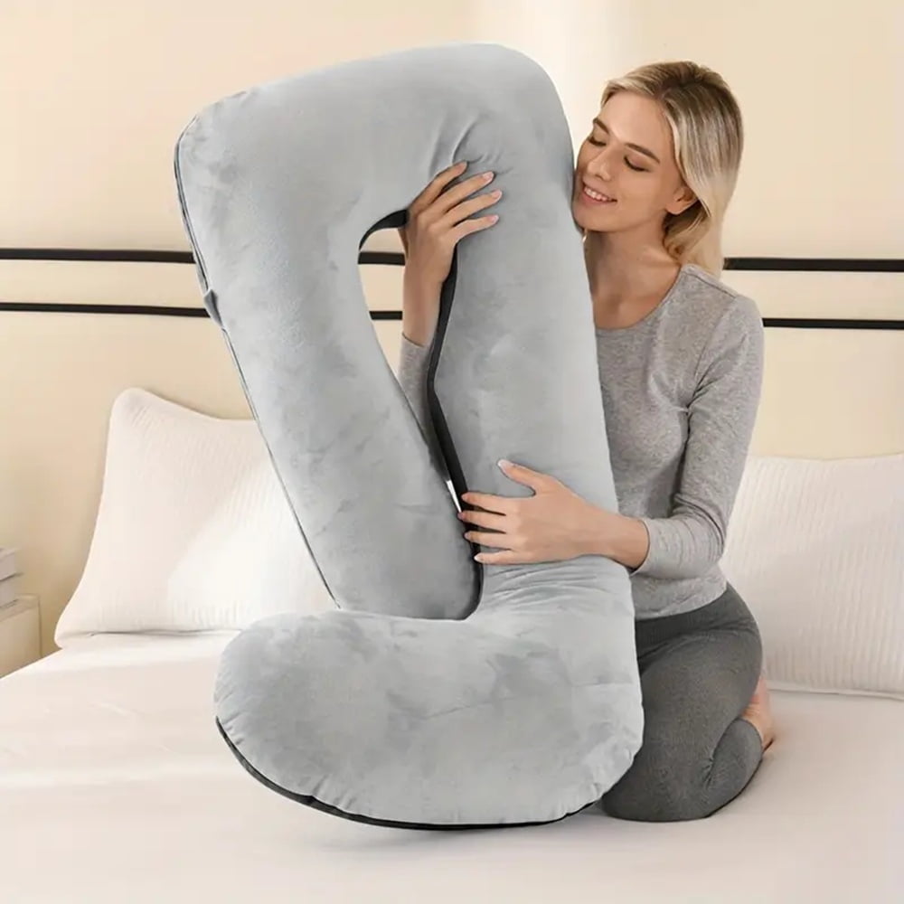 43in.x 67in. G-Shape Pregnancy Pillows, Full Body Maternity Pillows with Removable Cover for Expecting Moms, Crystal Velvet Grey