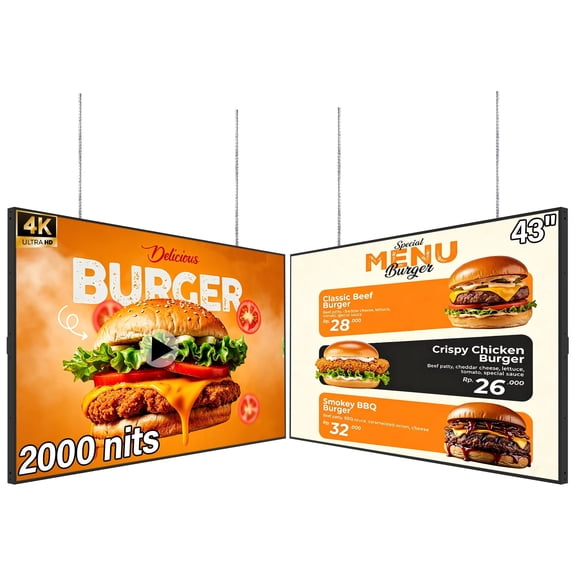 43inch Digital Display, 4K 2000nits High Brightness Slim Fit Frameless Digital Signage, LCD Advertising Display Screen, CMS/USB/WiFi/Port Player, Smart Split Screen, 24/7 Operation,Built-in Speaker
