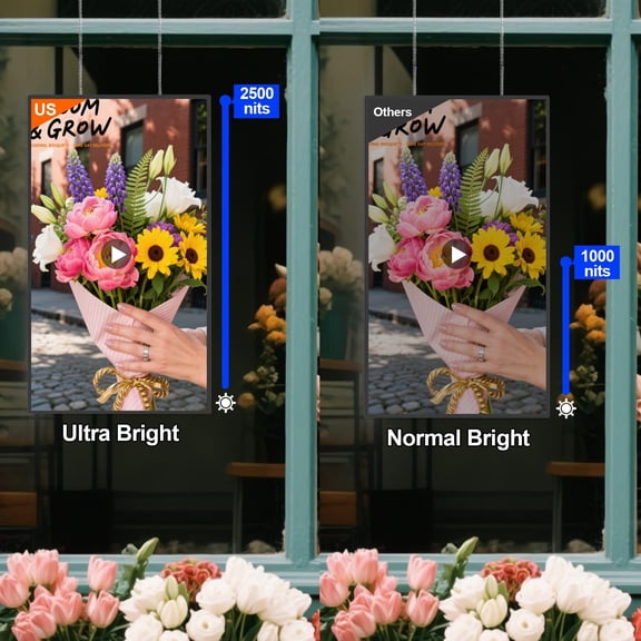 43inch Digital Display, 4K 2500nits High Brightness Slim Fit Frameless Digital Signage, LCD Advertising Display Screen, CMS/USB/WiFi/Port Player, Smart Split Screen, 24/7 Operation,Built-in Speaker