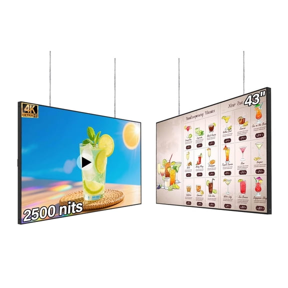 43inch Digital Display, 4K 2500nits High Brightness Slim Fit Frameless Digital Signage, LCD Advertising Display Screen, CMS/USB/WiFi/Port Player, Smart Split Screen, 24/7 Operation,Built-in Speaker