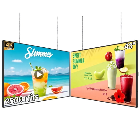 43inch Digital Display, 4K 2500nits High Brightness Slim Fit Frameless Digital Signage, LCD Advertising Display Screen, CMS/USB/WiFi/Port Player, Smart Split Screen, 24/7 Operation,Built-in Speaker