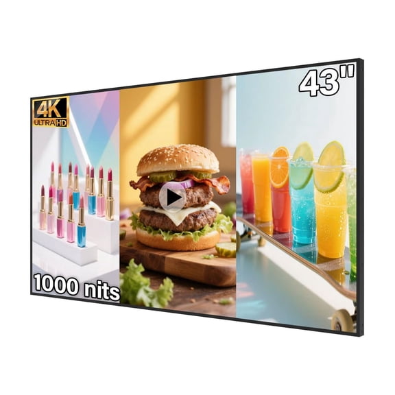 43inch Wall Mount Digital Signage, 1000nits High Brightness Advertising Display, Slim Fit Frameless Digital Kiosk, CMS / Plug & Play Auto Play, 7/24 Timer Switch, Smart Split Screen Play, Android OS