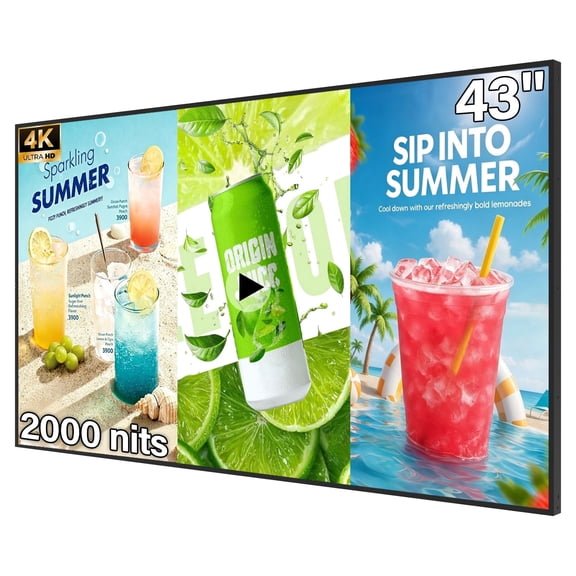 Pyimgus 43inch Wall Mount Digital Signage, 2000nits Advertising Display, Slim Fit Frameless Digital Kiosk, CMS / Plug & Play Auto Play, 7/24 Timer Switch, Smart Split Screen Play, Android OS